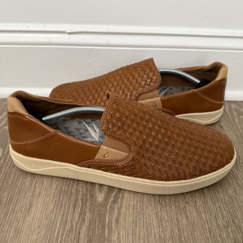 OluKai Lae'ahi Lauhala Leather Braided Slip On Shoes Fox Brown Mens 14 Drop Heel
